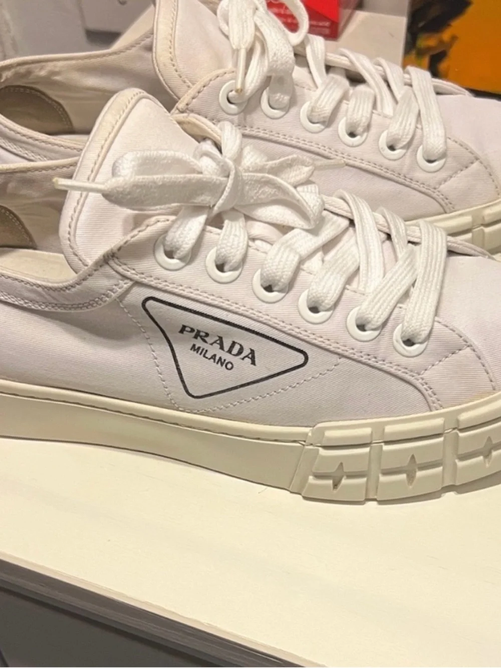 Prada Wheel Gabardine White Canvas Low-Top Sneakers with Logo Heel sz 37 1/2 - Picture 6 of 12